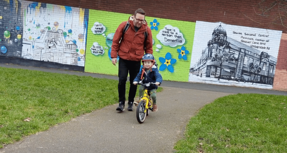 Me teaching Ted to ride solo at the start of 2023